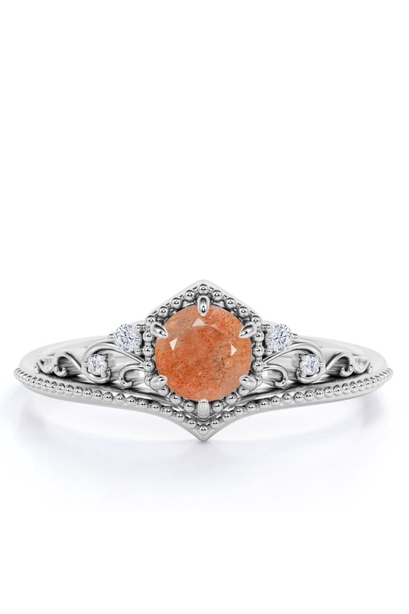 Milgrain Princess Crown 1.10 Carat Round Brilliant Cut Aventurescent Sunstone and Moissanite Six Prong Filigree Engagement Ring in 18K White Gold Plating over Silver