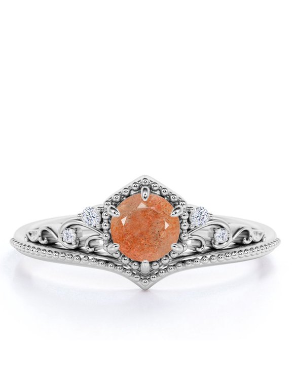Milgrain Princess Crown 1.10 Carat Round Brilliant Cut Aventurescent Sunstone and Moissanite Six Prong Filigree Engagement Ring in 18K White Gold Plating over Silver