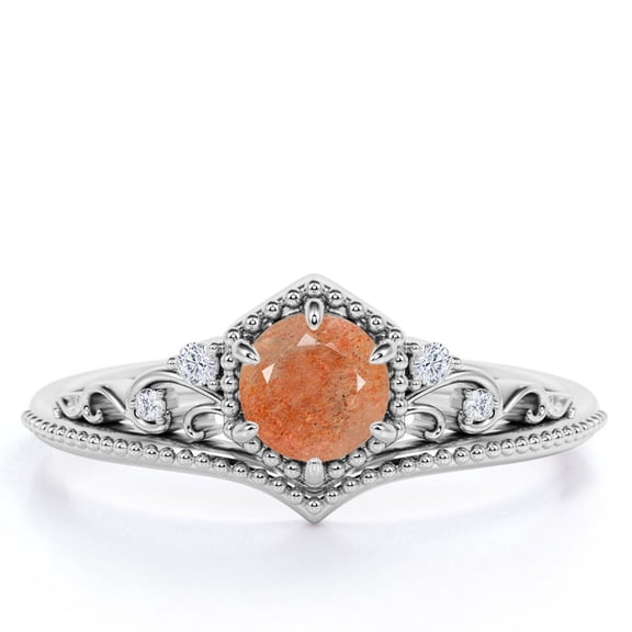 JeenMata Milgrain Princess Crown 1.10 Carat Round Brilliant Cut Aventurescent Sunstone and Moissanite Six Prong Filigree Engagement Ring in 18K White Gold Plating over Silver