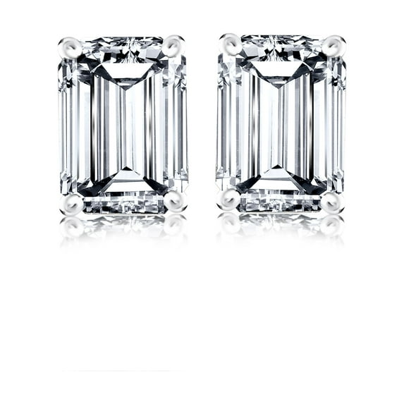 JeenMata Minimalist 1 Carat Emerald Cut Moissanite Solitaire Stud Earrings In 18K White Gold Plating Over Silver