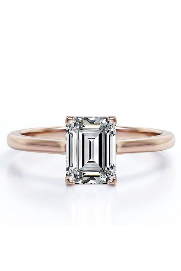 Minimalist - 2 Carat Emerald Cut - Solitaire Prong Set Right Hand Ring - 18K Rose Gold Plating over Silver
