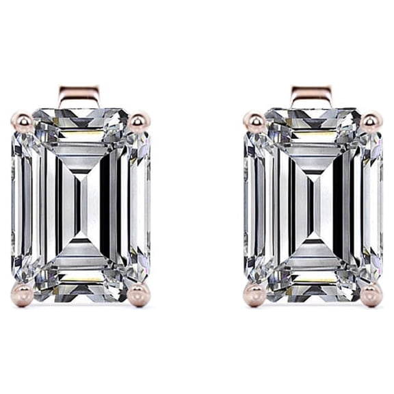 JeenMata Minimalist 4 Carat Emerald Cut Moissanite Solitaire Stud Earrings In 18K Rose Gold Plating Over Silver