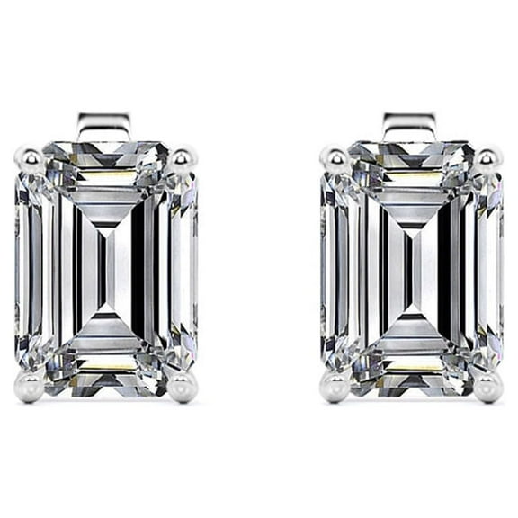 JeenMata Minimalist 4 Carat Emerald Cut Moissanite Solitaire Stud Earrings In 18K White Gold Plating Over Silver