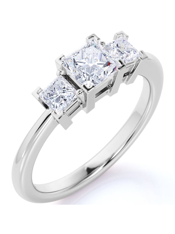 Modern 1 Carat Princess Cut Moissanite - 3 Stone Engagement Ring - Past Present Future Ring - 18K White Gold over Silver