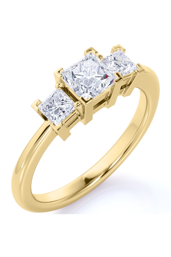 Modern 1 Carat Princess Cut Moissanite - 3 Stone Gothic Engagement Ring - Past Present Future Ring - 18K Yellow Gold over Silver