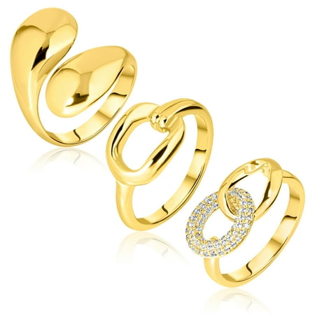 JeenMata Modern Swirl and Stone Studded Ring Collection - 3 pcs Fashion Ring Multipack in Yellow