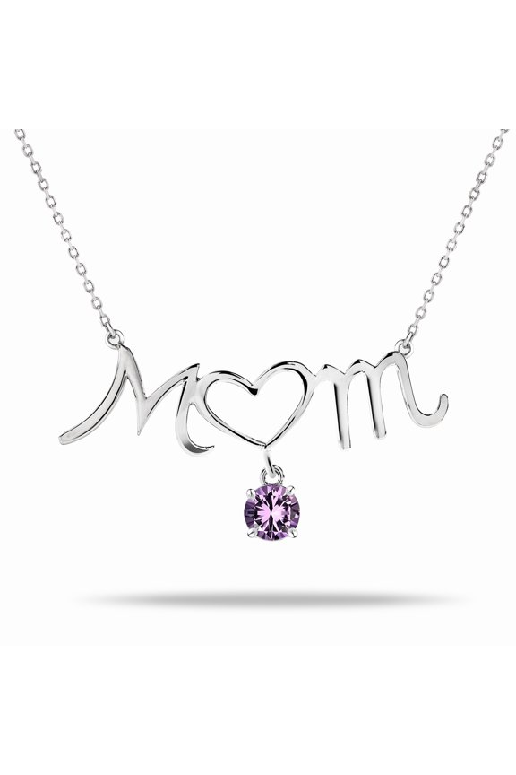 Mom Heart-Shaped O with Hanging Purple Stone Pendant Necklace in 18K White Gold over Silver - February Birthstone - Necklace for Mom