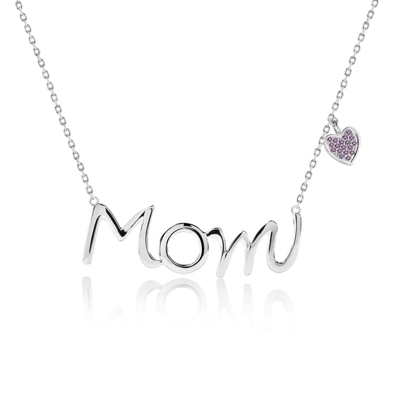 JeenMata Mom Script Pendant with Purple Stone Decorated Heart Charm Pendant Necklace in 18K White Gold over Silver - February Birthstone