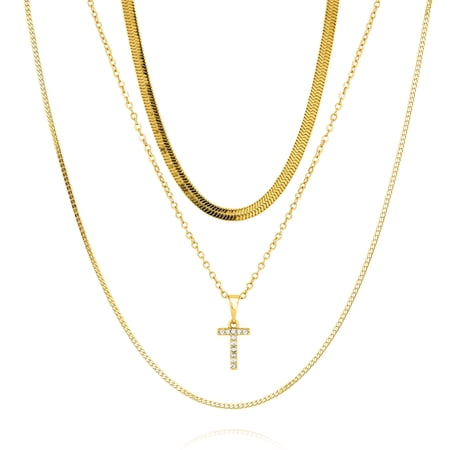 JeenMata Multipack 3 pcs 'T' Initial Charm Necklace Set - Initial Layered Necklace for Women in Yellow Gold Plated, Anniversary, Birthday, Christmas
