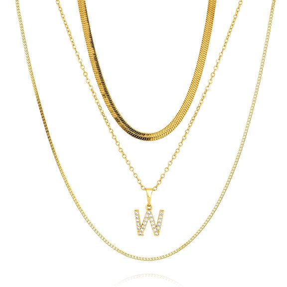 JeenMata Multipack 3 pcs 'W' Initial Charm Necklace Set - Initial Layered Necklace for Women in Yellow Gold Plated, Anniversary, Birthday, Christmas