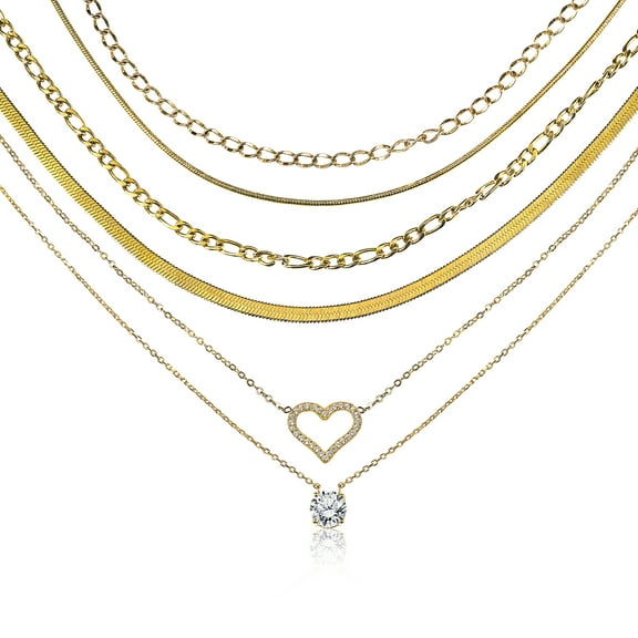 JeenMata Multipack 6 pc Women Layered Necklace Pendant, Yellow Gold Plating, Gold Chain, Choker Necklace, Herringbone Layered Necklace Jewelry Gift