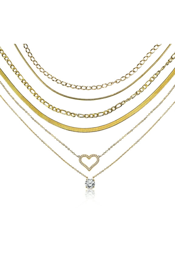 Multipack 6 pc Women Layered Necklace Pendant, Yellow Gold Plating, Gold Chain, Choker Necklace, Herringbone Layered Necklace Jewelry Gift