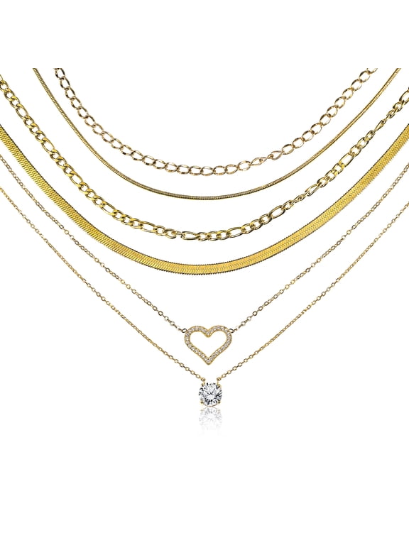 Multipack 6 pc Women Layered Necklace Pendant, Yellow Gold Plating, Gold Chain, Choker Necklace, Herringbone Layered Necklace Jewelry Gift