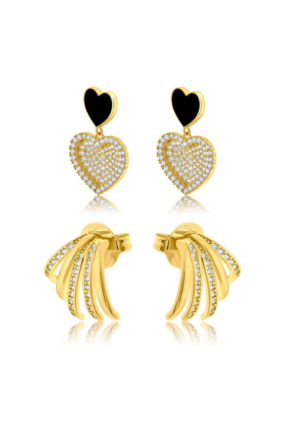 Multiple 2 pcs Heart Drop and Modern Arc Earrings Set in Yellow Gold Plated