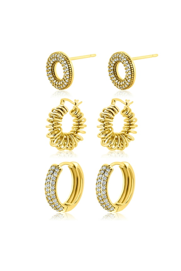 Multiple 3 pcs Elegant Hoop & Stud Earring Set in Yellow Gold Plated