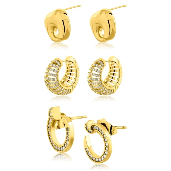 JeenMata Multiple 3 pcs Sculpted, Pave Set, and Modern Hoop Earrings in Yellow Gold Plated