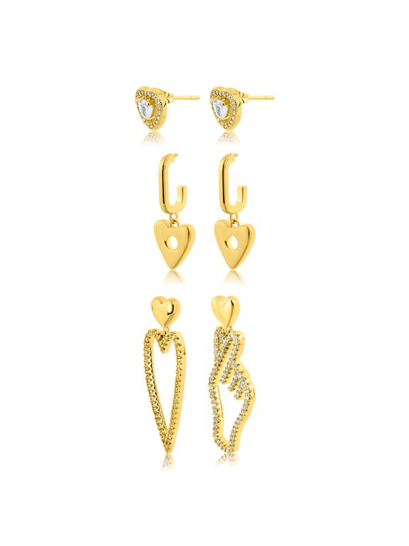 Multiple 3 pcs Teardrop and Heart Accent Earrings Set in Yellow Gold Plated