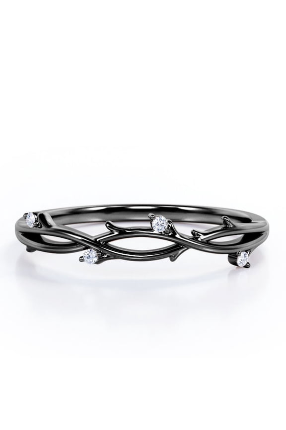 Nature Inspired - 0.10 TCW Round Cut Moissanite - Crossover Twig Stackable Ring - 18K Black Gold Plating over Silver