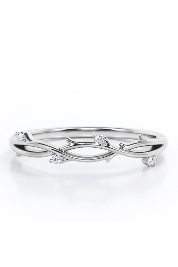 Nature Inspired - 0.10 TCW Round Cut Moissanite - Crossover Twig Stackable Ring - 18K White Gold Plating over Silver