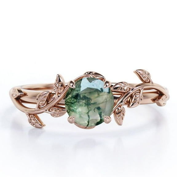 JeenMata Nature Inspired 0.50 Carat Natural Green Moss Agate Solitaire Engagement Ring - Forest Ring - 18K Rose Gold Plating for Women