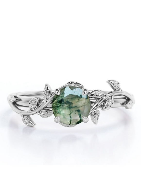 Nature Inspired 0.50 Carat Natural Green Moss Agate Solitaire Engagement Ring - Forest Ring - 18K White Gold Plating for Women