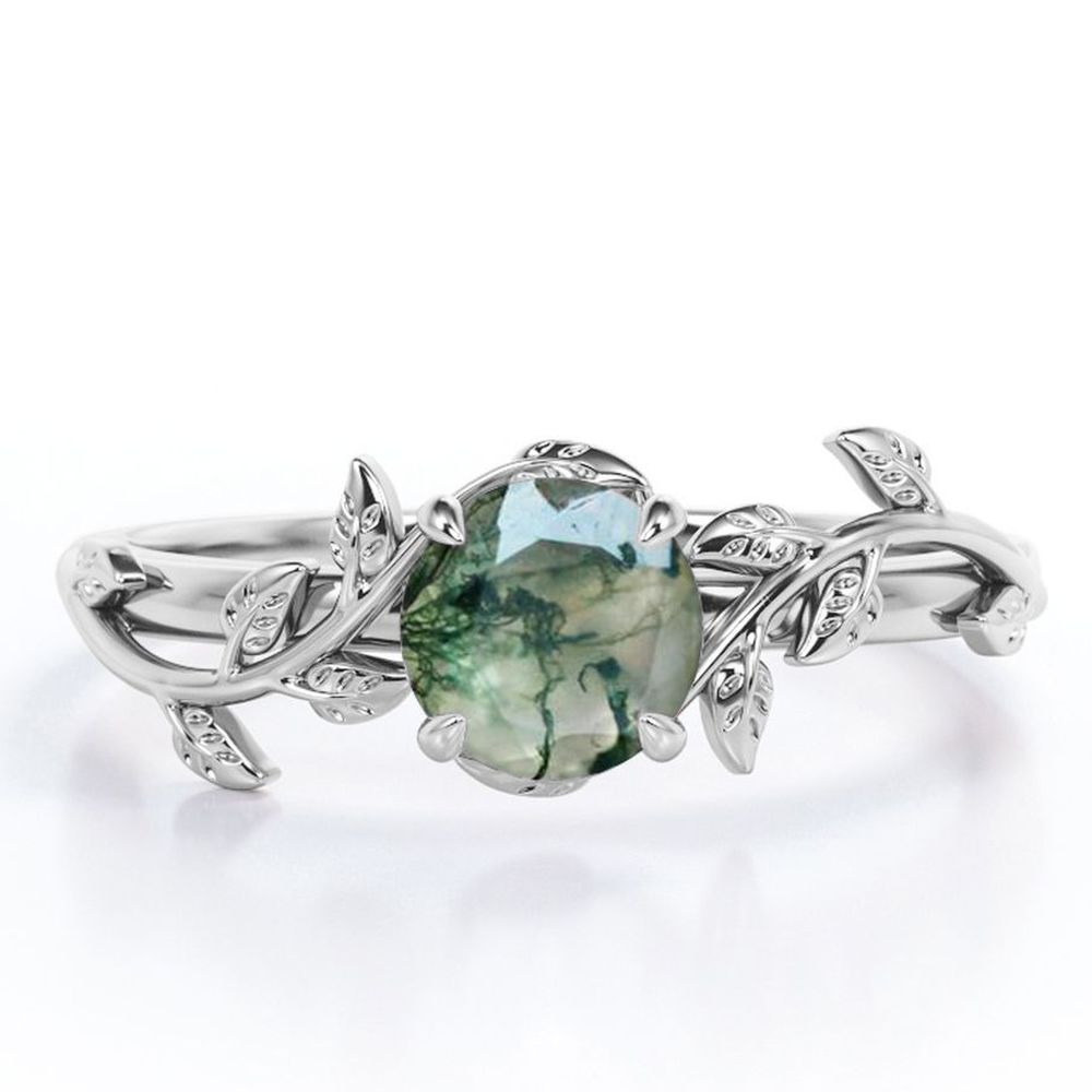 JeenMata Nature Inspired 0.50 Carat Natural Green Moss Agate Solitaire Engagement Ring - Forest Ring - 18K White Gold Over Silver - image 1 of 5
