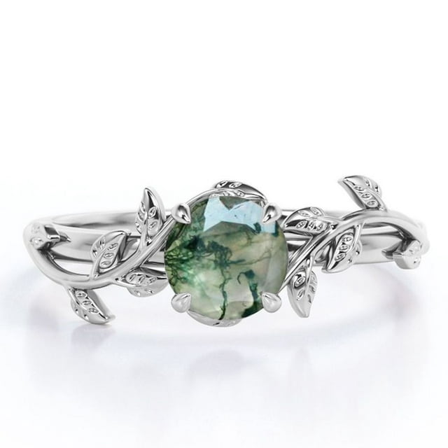 JeenMata Nature Inspired 0.50 Carat Natural Green Moss Agate Solitaire Engagement Ring - Forest Ring - 18K White Gold Over Silver