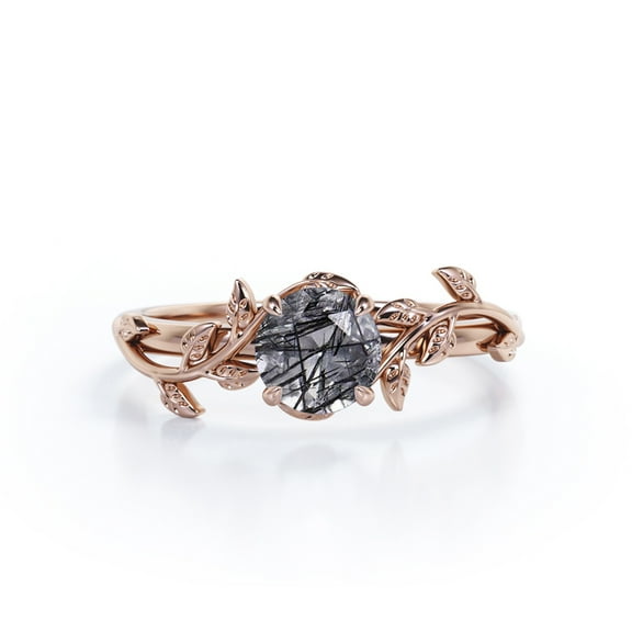 JeenMata Nature-Inspired 0.50 Carat Round Shaped Natural Black Rutilated Quartz Solitaire Engagement Ring in 18K Rose Gold Plating over Silver