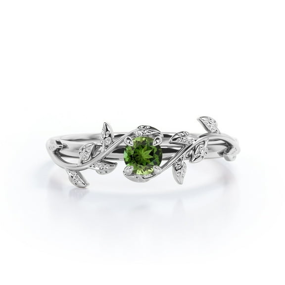 JeenMata Nature-Inspired 0.50 Carat Round Shaped Natural Green Tourmaline Solitaire Engagement Ring in 18K White Gold Plating over Silver