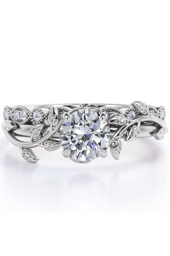 Nature Inspired 1.75 Carat Round Cut Moissanite 4 Prong Milgrain Filigree Wedding Set In 18K White Gold Plating Over Silver