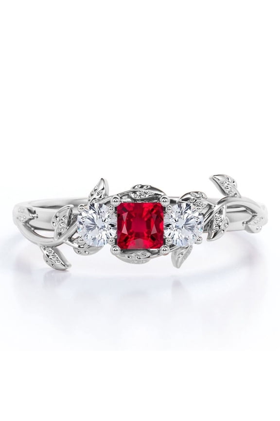 Nature Inspired 1 TCW Princess Cut Lab Created Ruby and Moissanite Triple-Stone Engagement Ring in 18K White Gold Plating over Silver