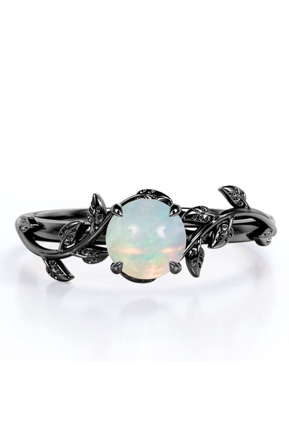 Nature Inspired Design - 0.50 Carat Round Shape Opal - Prong Setting Engagement Ring - 18K Black Gold Plating Over Silver