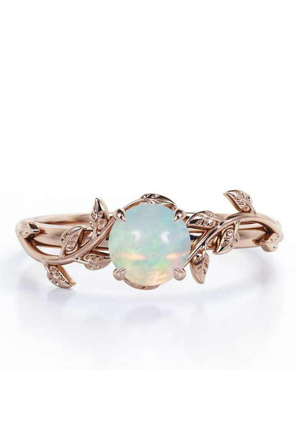 Nature Inspired Design - 0.50 Carat Round Shape Opal - Prong Setting Engagement Ring - 18K Rose Gold Plating Over Silver