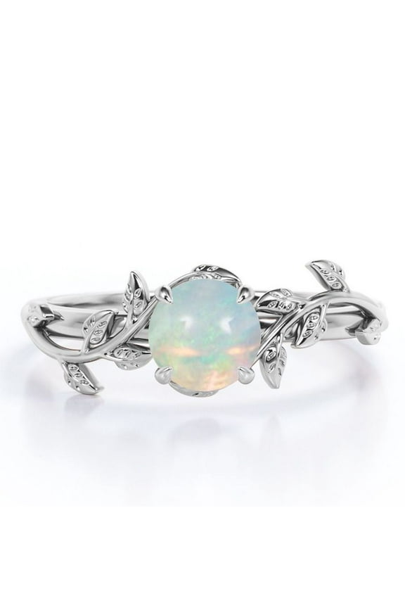 Nature Inspired Design - 0.50 Carat Round Shape Opal - Prong Setting Engagement Ring - 18K White Gold Plating Over Silver