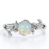 JeenMata Nature Inspired Design - 0.50 Carat Round Shape Opal - Prong Setting Engagement Ring - 18K White Gold Plating Over Silver
