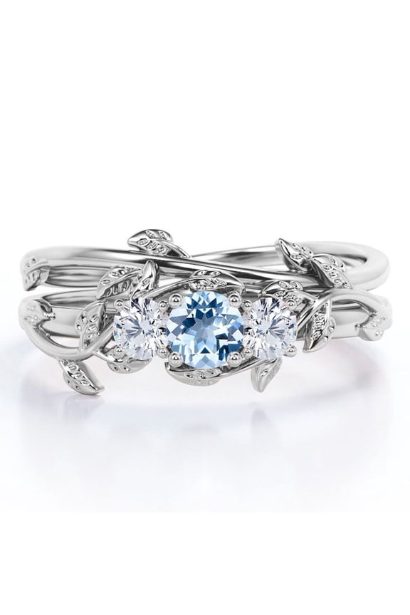 Nature-inspired Design 1 Carat Round Brilliant Cut Lab Created Blue Aquamarine and Moissanite Triple Stone Wedding Ring Set in 18K White Gold Plating over Silver