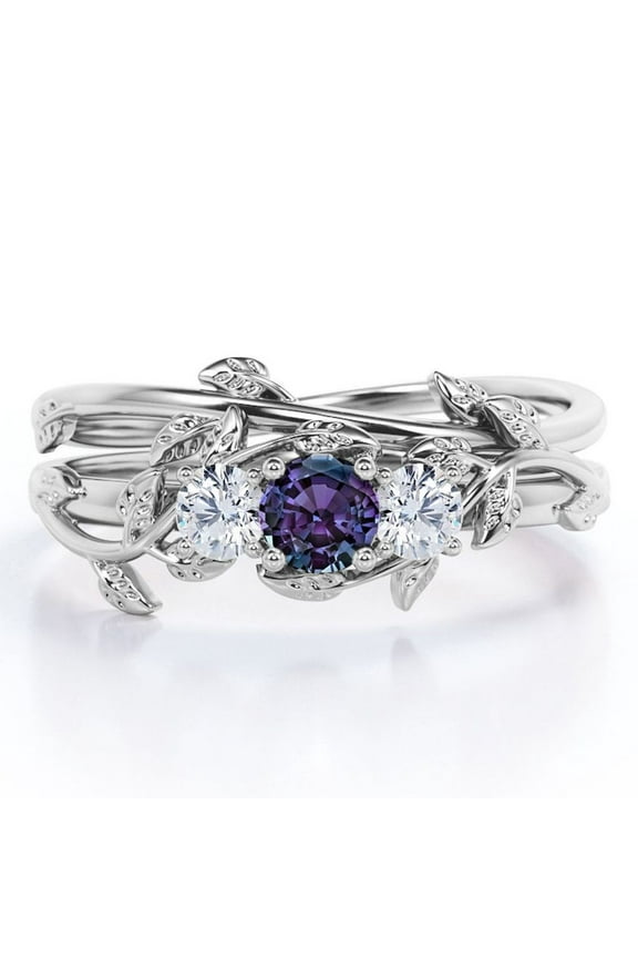 Nature-inspired Design 1 Carat Round Brilliant Cut Lab Grown Alexandrite and Moissanite Triple Stone Wedding Ring Set in 18K White Gold Plating over Silver