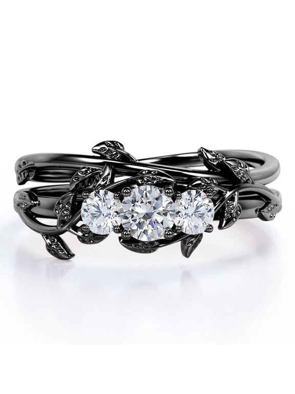 Nature-inspired Design 1 Carat Round Brilliant Cut Moissanite Triple Stone Wedding Ring Set in 18K Black Gold Plating over Silver