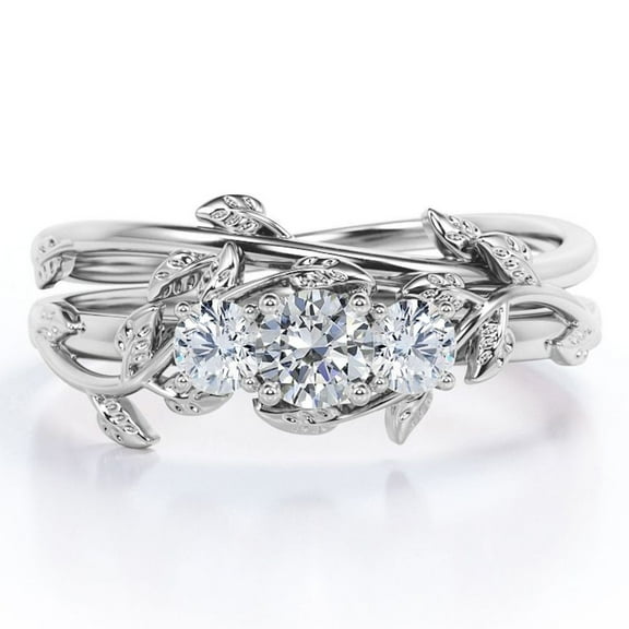 JeenMata Nature-inspired Design 1 Carat Round Brilliant Cut Moissanite Triple Stone Wedding Ring Set in 18K White Gold Plating over Silver