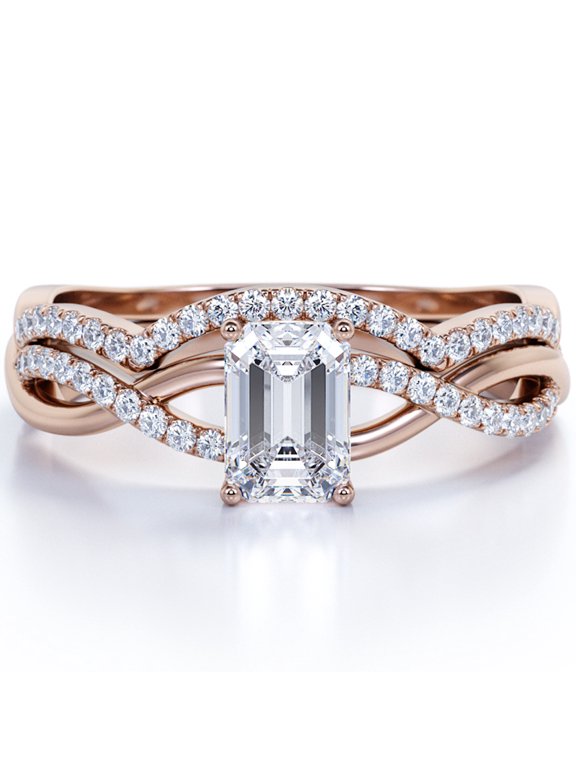 North-South Prong 1.75 Carat Emerald Cut Moissanite Curved Band Crossover Pave Bridal Set In 18K Rose Gold Plating Over Silver