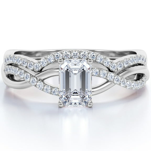 JeenMata North-South Prong 1.75 Carat Emerald Cut Moissanite Curved Band Crossover Pave Bridal Set In 18K White Gold Plating Over Silver