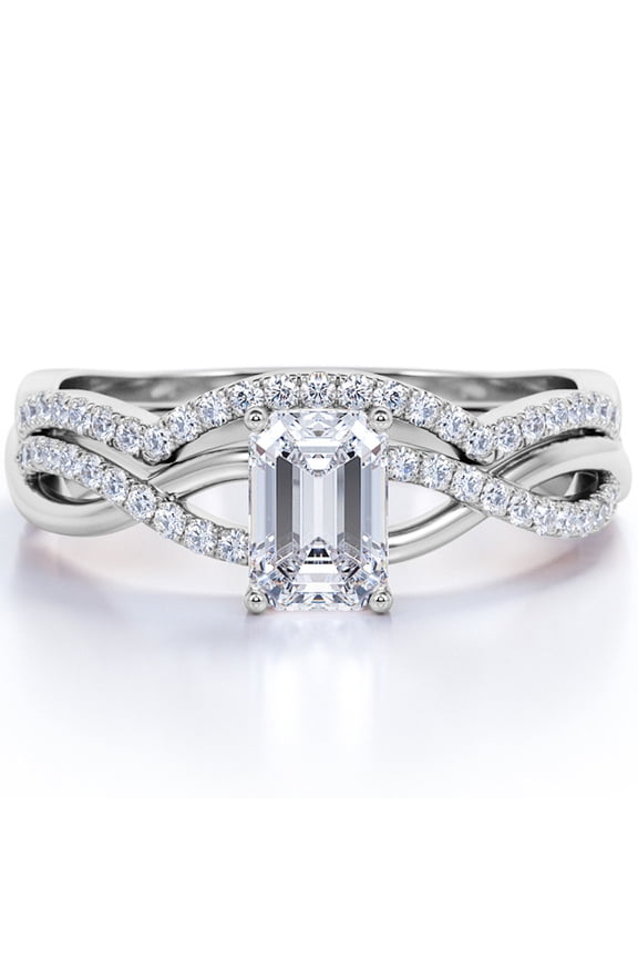 North-South Prong 1.75 Carat Emerald Cut Moissanite Curved Band Crossover Pave Bridal Set In 18K White Gold Plating Over Silver