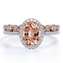 JeenMata Oval Cut 1.75 Carat created morganite and Moissanite Wedding Ring Set in 18K Rose Gold over Silver