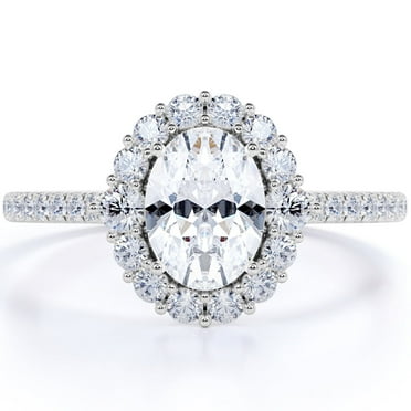 JeenMata Oval Moissanite Split Shank Halo Engagement Ring in 18k White Gold over Silver