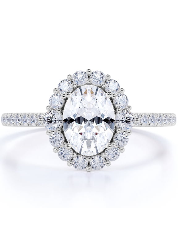 Oval Moissanite Split Shank Halo Engagement Ring in 18k White Gold over Silver