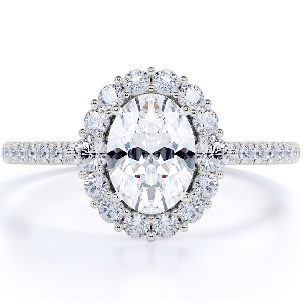 JeenMata Oval Moissanite Split Shank Halo Engagement Ring in 18k White ...