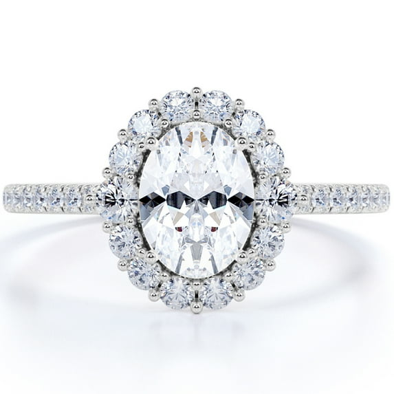 JeenMata Oval Moissanite Split Shank Halo Engagement Ring in 18k White Gold over Silver