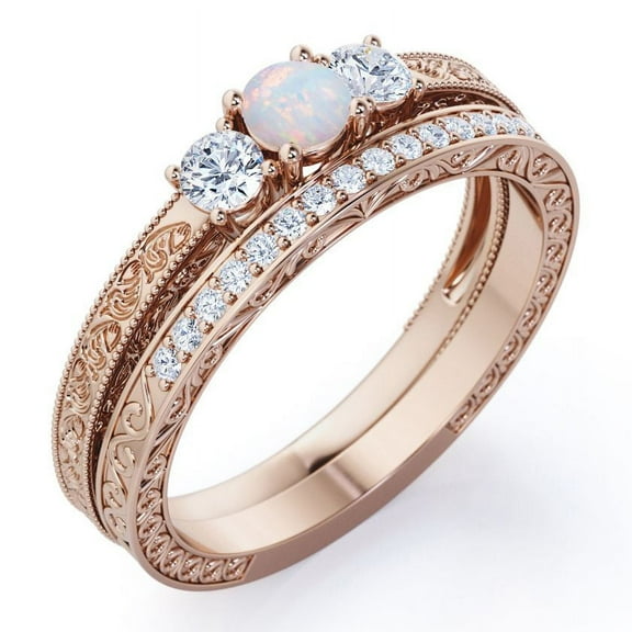 JeenMata Past Present Future 1.75 Carat Round Cut Australian Opal and Moissanite Art-Deco Edwardian Cathedral Wedding Ring Set in 18K Rose Gold Plating over Silver