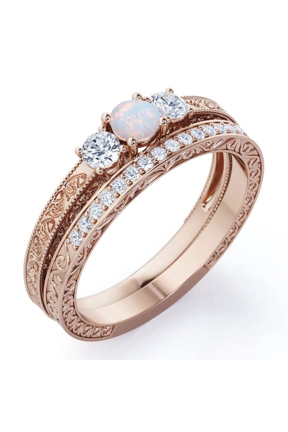 Past Present Future 1.75 Carat Round Cut Australian Opal and Moissanite Art-Deco Edwardian Cathedral Wedding Ring Set in 18K Rose Gold Plating over Silver