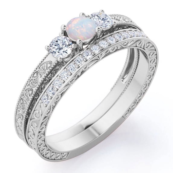 JeenMata Past Present Future 1.75 Carat Round Cut Australian Opal and Moissanite Art-Deco Edwardian Cathedral Wedding Ring Set in 18K White Gold Plating over Silver